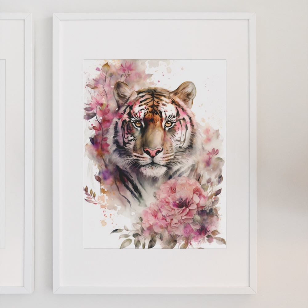 Floral Tiger Watercolor Wall Art Illustration Print Poster Card Unframed - Picture 3 of 6